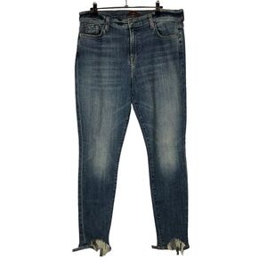 7 For All Mankind Medium Blue Wash Distressed Hem Skinny Jeans 32